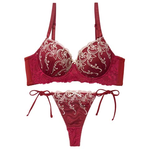 11/19新作!【EFサイズ】【三上悠亜着用】ダマスクホリデーエンブロイダリー育乳脇高ブラジャー&サイド紐バック透けTバックショーツ[推し](ワインレッド-E65/ショーツM)
