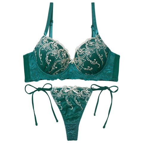 11/19新作!【EFサイズ】【三上悠亜着用】ダマスクホリデーエンブロイダリー育乳脇高ブラジャー&サイド紐バック透けTバックショーツ[推し](グリーン-E65/ショーツM)