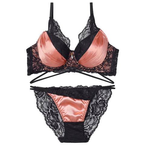 12/15新作!【EFサイズ】グロッシーサテンレース育乳脇高ブラジャー＆バック透けフルバックショーツ[推し](サーモンピンク-E65/ショーツM)