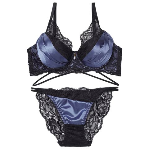 12/15新作!【EFサイズ】グロッシーサテンレース育乳脇高ブラジャー＆バック透けフルバックショーツ[推し](ブルー-E65/ショーツM)