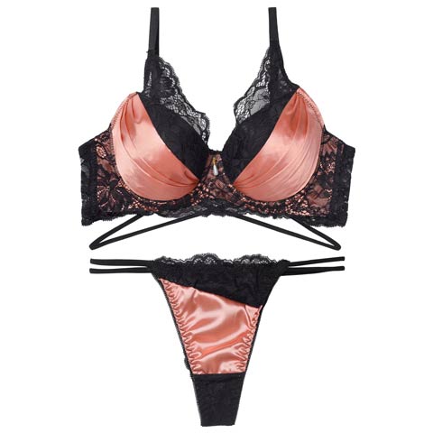 12/15新作!【Tバック】【EFサイズ】グロッシーサテンレース育乳脇高ブラジャー＆バック透けTバックショーツ[推し](サーモンピンク-E65/ショーツM)