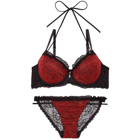 1/28新作!ブルームレーシィホルターネックブラジャー&バック透けフルバックショーツ[推し][人気](レッド-A65/ショーツM)