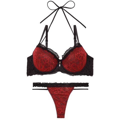 1/28新作!【Tバック】ブルームレーシィホルターネックブラジャー&バック透けTバックショーツ[推し][人気](レッド-A65/ショーツM)