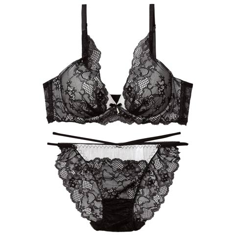 3/16新作!アリュールミッドナイトレース育乳脇高ブラジャー&バック透けフルバックショーツ[推し][人気](ホワイト-A65/ショーツM)