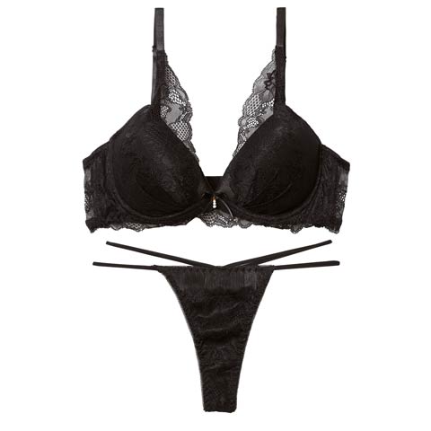 3/16新作!【Tバック】アリュールミッドナイトレース育乳脇高ブラジャー&バック透けTバックショーツ[推し][人気](ブラック-A65/ショーツM)