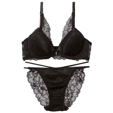 3/16新作!【EFサイズ】アリュールミッドナイトレース育乳脇高ブラジャー&バック透けフルバックショーツ[推し](ブラック-E65/ショーツM)