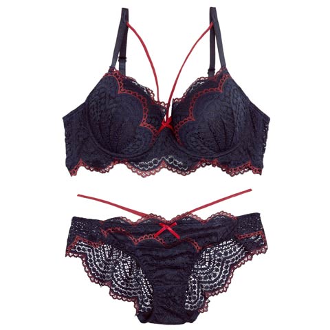12/10新作!ノクターンレースコード育乳脇高ブラジャー&バック透けフルバックショーツ[推し][人気](ネイビー-A65/ショーツM)