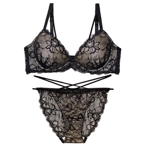 1/26新作!【EFサイズ】エターナルヌーディーレースブラジャー&バック透けフルバックショーツ[推し](ブラック-E65/ショーツM)