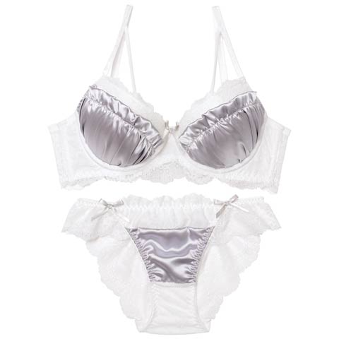 2/2新作!【EFサイズ】スウィートサテンレース育乳脇高ブラジャー&バック透けフルバックショーツ[推し](グレー-E65/ショーツM)