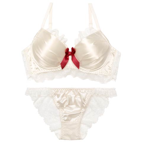 1/26新作!ロマンティックリボンサテン育乳脇高ブラジャー＆バック透けフルバックショーツ[推し][人気](オフホワイト-A65/ショーツM)