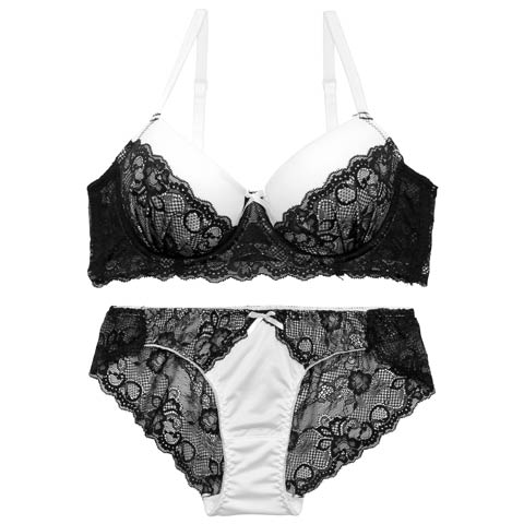 4/1新作!ガーリーモノトーンレースブラジャー&バック透けフルバックショーツ[推し](ブラック-A65/ショーツM)