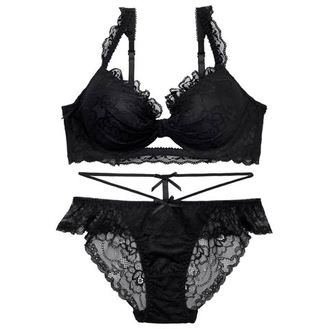 4/22新作!【かとゆり着用】ドーリーリボンコードブラジャー&バック透けフルバックショーツ[推し][人気](ブラック-A65/ショーツM)