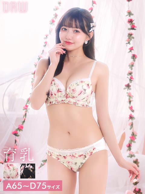 6/19新作!チャーミングフラワーシフォン育乳脇高ブラジャー&フルバックショーツ[推し][人気]