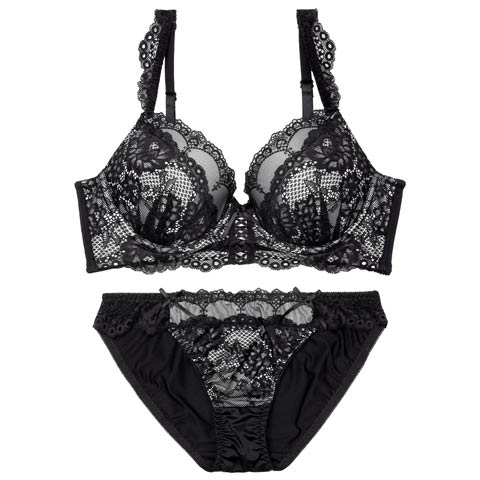 4/24新作!ビターレースアップ育乳脇高ブラジャー&フルバックショーツ[推し](ブラック-B65/ショーツM)