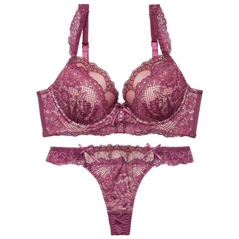 4/24新作!【Tバック】ビターレースアップ育乳脇高ブラジャー&Tバックショーツ[推し](ディープパープル-B65/ショーツM)