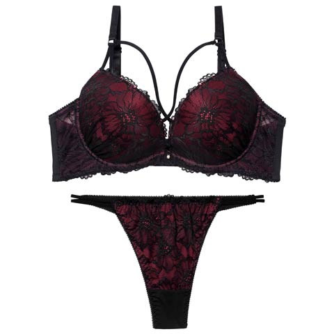 2/23新作!【Tバック】【三上悠亜着用】シックフラワーコードレースブラジャー&Tバックショーツ［激売れ］(ワインレッド-B65/ショーツM)