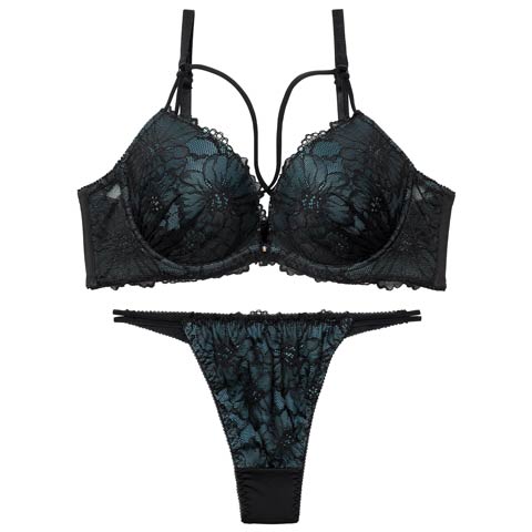 2/23新作!【Tバック】【三上悠亜着用】シックフラワーコードレースブラジャー&Tバックショーツ［激売れ］(グリーン-B65/ショーツM)