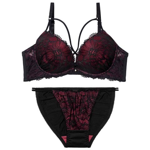2/23新作!【EFサイズ】【三上悠亜着用】シックフラワーコードレースブラジャー&フルバックショーツ［大人気］(ワインレッド-E70/ショーツM)