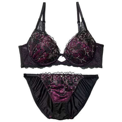 1/9新作!【三上悠亜着用】ディープノクターンフラワーブラジャー&フルバックショーツ[推し][人気](ディープパープル-A70/ショーツM)