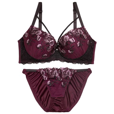 3/11新作!【EFサイズ】グロリアスコードフラワーブラジャー&フルバックショーツ[人気](ワインレッド-E70/ショーツM)