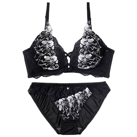 2/2新作!【EFサイズ】グレースクロスフラワー育乳脇高ブラジャー&フルバックショーツ[推し](ブラック-E70/ショーツM)