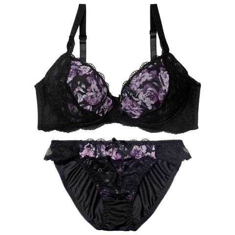 2/18新作!【EFサイズ】ピュアローズヴェールブラジャー&フルバックショーツ［大人気］(ブラック-E70/ショーツM)