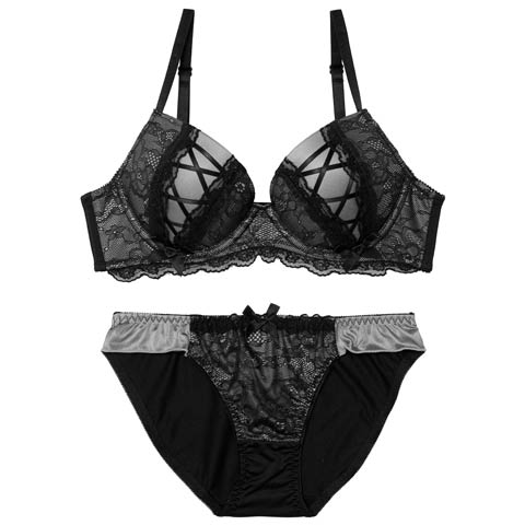 3/27新作!ダークガーリーレースアップブラジャー&フルバックショーツ[推し][人気](ダークグレー-B65/ショーツM)