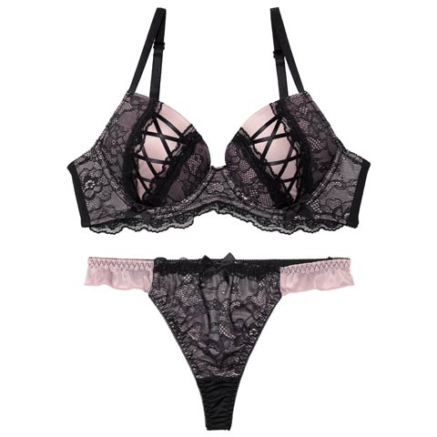 3/27新作!【Tバック】ダークガーリーレースアップブラジャー&Tバックショーツ[推し][人気](ピンク-B65/ショーツM)