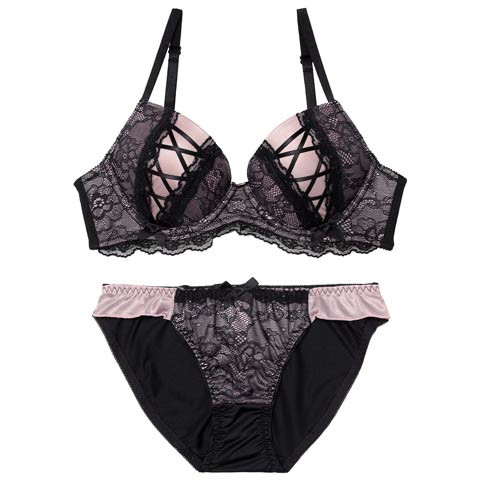 3/27新作!【EFサイズ】ダークガーリーレースアップブラジャー&フルバックショーツ[推し](ピンク-E70/ショーツM)
