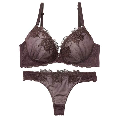 2/13新作!【Tバック】【三上悠亜着用】ブロッサムダークレースブラジャー&Tバックショーツ[推し][人気](ディープパープル-A70/ショーツM)