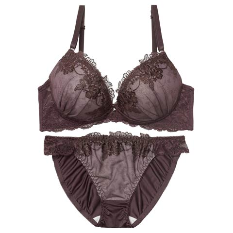 2/13新作!【三上悠亜着用】【EFサイズ】ブロッサムダークレースブラジャー&フルバックショーツ[推し](ディープパープル-E70/ショーツM)