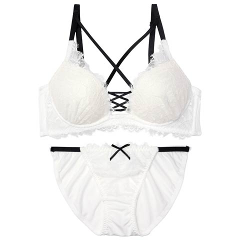 4/29新作!センシュアルレースアップ育乳脇高ブラジャー&フルバックショーツ[推し][人気](ホワイト-B65/ショーツM)