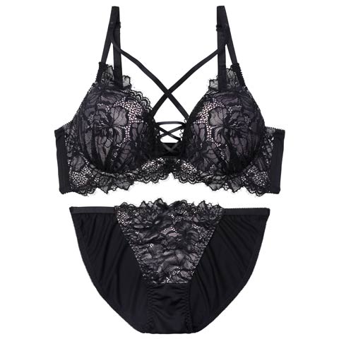 4/29新作!センシュアルレースアップ育乳脇高ブラジャー&フルバックショーツ[推し][人気](ブラック-B65/ショーツM)