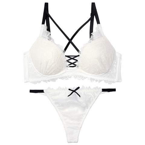 4/29新作!【Tバック】センシュアルレースアップ育乳脇高ブラジャー&Tバックショーツ[推し][人気](ホワイト-B65/ショーツM)