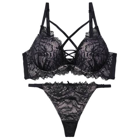 4/29新作!【Tバック】センシュアルレースアップ育乳脇高ブラジャー&Tバックショーツ[推し][人気](ブラック-B65/ショーツM)