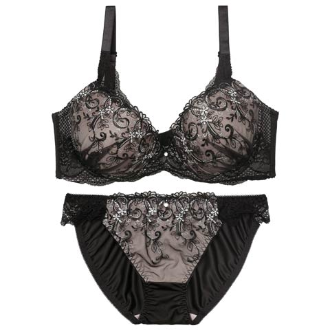 9/22新作!【EFサイズ】グレイスフラワーアイビー育乳ブラジャー&フルバックショーツ[推し](ブラック-E70/ショーツM)