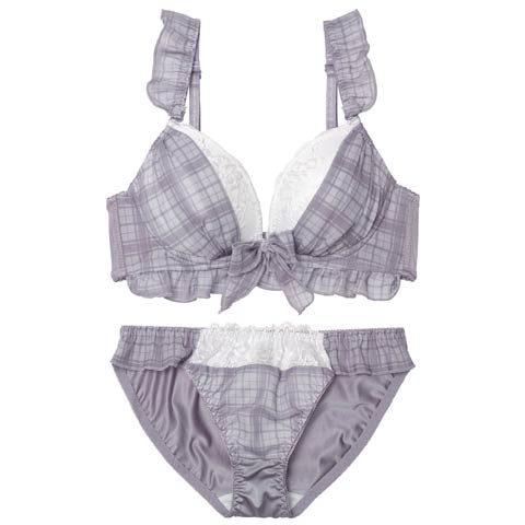 11/12新作!シュクレチェックシフォンブラジャー&フルバックショーツ[推し][人気](ブルーグレー-A70/ショーツM)