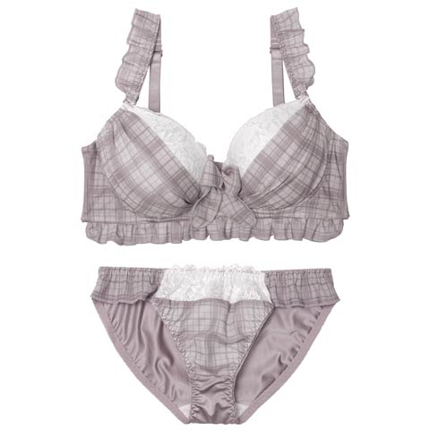 11/12新作!【EFサイズ】シュクレチェックシフォンブラジャー&フルバックショーツ[推し](グレー-E70/ショーツM)