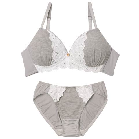 9/26新作!【ノンワイヤー】ナチュラルボタンレースブラジャー&フルバックショーツ[推し][人気](グレー-M)