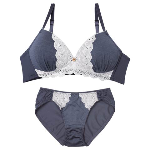 9/26新作!【ノンワイヤー】ナチュラルボタンレースブラジャー&フルバックショーツ[推し][人気](ネイビー-M)