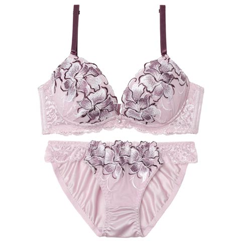 4/3新作!【三上悠亜着用】ゴージャスフルールエンブロイダリー育乳脇高ブラジャー&フルバックショーツ[推し](パープル-A70/ショーツM)