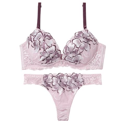 4/3新作!【Tバック】【三上悠亜着用】ゴージャスフルールエンブロイダリー育乳脇高ブラジャー&Tバックショーツ[推し](パープル-A70/ショーツM)