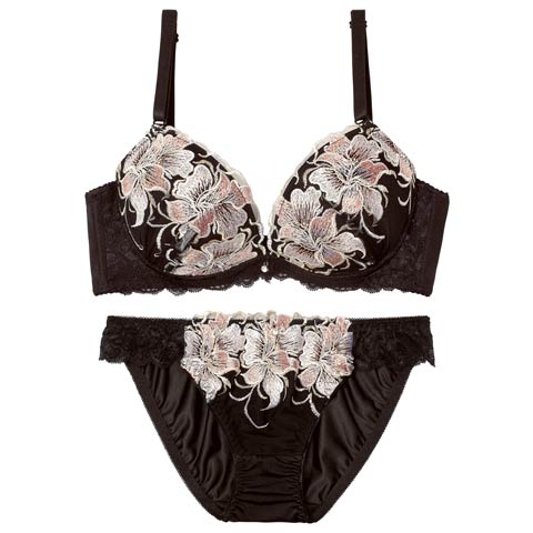 4/3新作!【EFサイズ】【三上悠亜着用】ゴージャスフルールエンブロイダリー育乳脇高ブラジャー&フルバックショーツ[推し](ブラック-E70/ショーツM)