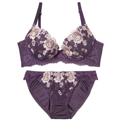 2/25新作!アリュールブロッサムエンブロイダリー育乳脇高ブラジャー&フルバックショーツ[推し][人気](ディープパープル-A70/ショーツM)