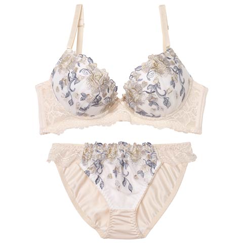 2/25新作!【EFサイズ】アリュールブロッサムエンブロイダリー育乳脇高ブラジャー&フルバックショーツ[推し](クリーム-E70/ショーツM)