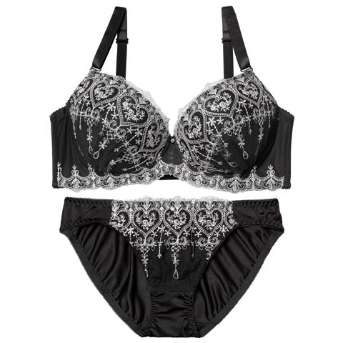 1/26新作!【EFサイズ】ロイヤルハートチュールレースブラジャー&フルバックショーツ[推し](ブラック-E70/ショーツM)
