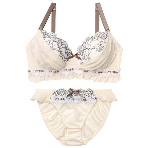 12/8新作!【EFサイズ】スウィートフリルシフォンブラジャー&フルバックショーツ[推し](クリーム-E70/ショーツM)