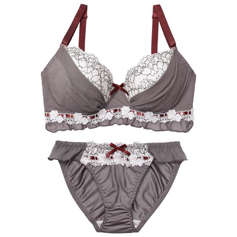 12/8新作!【EFサイズ】スウィートフリルシフォンブラジャー&フルバックショーツ[推し](グレー-E70/ショーツM)