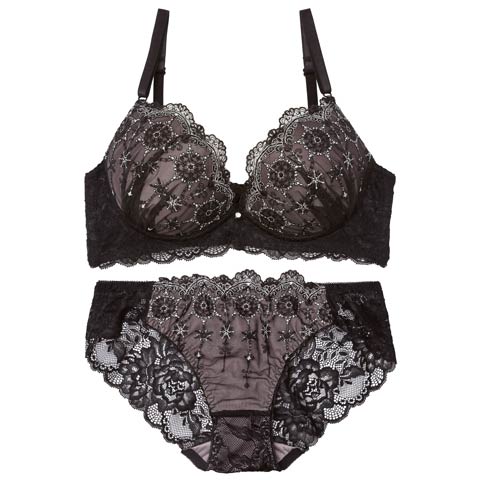 4/6新作!シャイニークリスタル育乳脇高ブラジャー&バック透けフルバックショーツ[推し][人気](ブラック-A70/ショーツM)