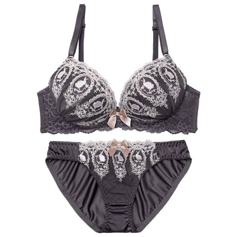 2/6新作!ガーリーラビットエンブロイダリーブラジャー＆フルバックショーツ[推し][人気](チャコール-A70/ショーツM)